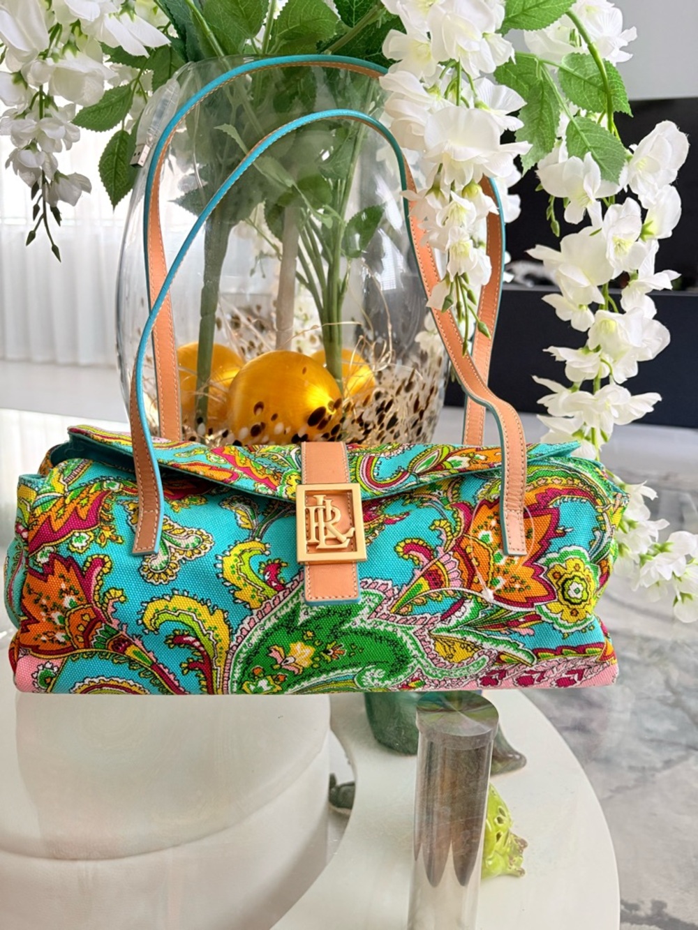Lauren Ralph Lauren Turquoise Paisley Shoulder Bag with Tan Trim